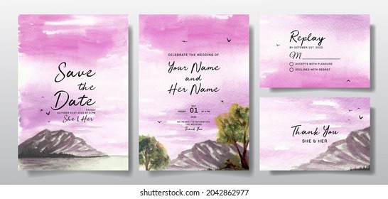 Watercolor wedding invitation set with sky adn tree landscape painting