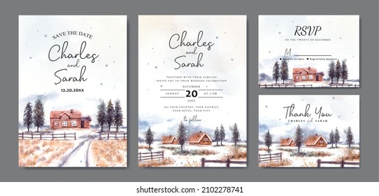 Watercolor wedding invitation set of winter landscape with house and pine trees