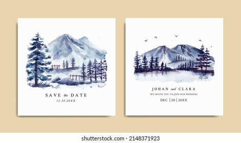 Watercolor wedding invitation set with winter landscape and icy mountain 