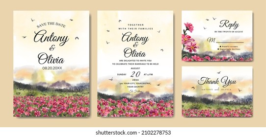 Watercolor Wedding Invitation Of Sunrise Nature Landscape With Beautiful Red Flowers