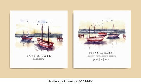 Watercolor wedding invitation of sunset nature landscape with harbor and boat 