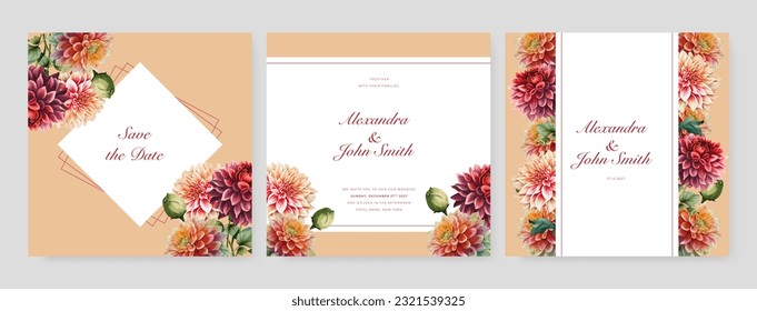 watercolor wedding invitation template with arrangement flower and leaves