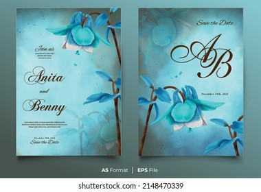 Watercolor wedding invitation template with blue flower ornament