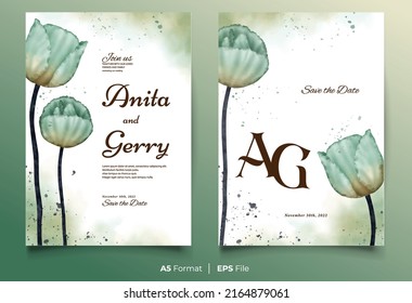 Watercolor wedding invitation template with blue and green flower ornament