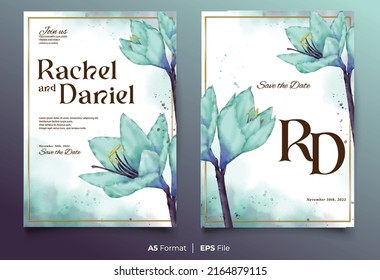 Watercolor wedding invitation template with blue flower ornament