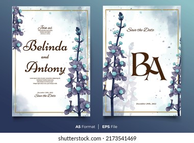 Watercolor wedding invitation template with blue and purple flower ornament