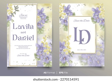 plantilla de invitación a boda acuarela con adorno floral azul y amarillo