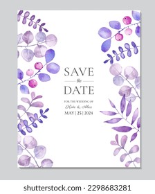 Watercolor wedding invitation template with branches and leaves in gentle violet and pink colors. Vector illustration.