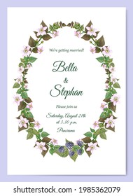 Watercolor wedding Invitation template. Bright summer wreath frame for invitations and cards.Oval floral frame for design of invitation, card, banner, flyer.