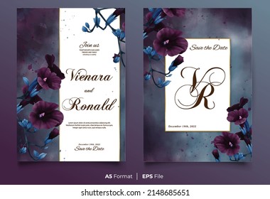 Watercolor Wedding Invitation Template With Dark Purple And Blue Flower Ornament