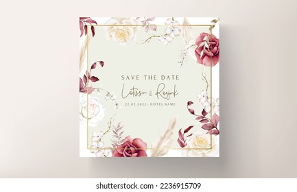 Watercolor wedding invitation template with maroon and peach floral
