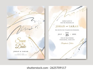 Watercolor wedding invitation template with orange and blue abstract
