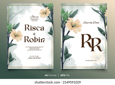 Watercolor wedding invitation template with peach and green flower ornament