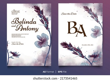 Watercolor wedding invitation template with peach and purple flower ornament