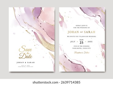 Watercolor wedding invitation template with pink, purple, and gold abstract