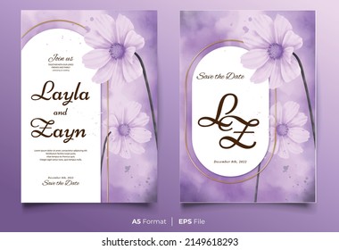 Watercolor wedding invitation template with purple flower ornament