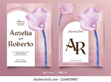 Watercolor wedding invitation template with purple flower ornament