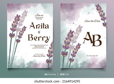 Watercolor wedding invitation template with purple and green flower ornament