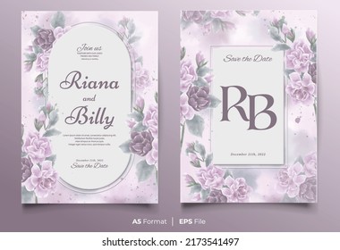 Watercolor wedding invitation template with purple and pink flower ornament