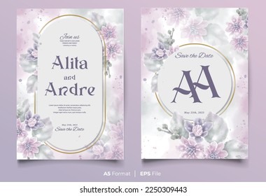 watercolor wedding invitation template with purple and green flower ornament