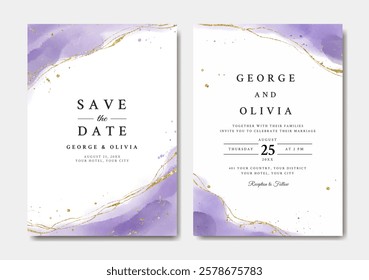 Watercolor wedding invitation template with purple and gold abstract