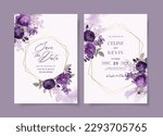 Watercolor wedding invitation template set with romantic purple violet floral and leaves decoration