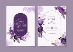 Watercolor Wedding Invitation Template Set With Romantic Purple Violet Floral And Leaves Decoration