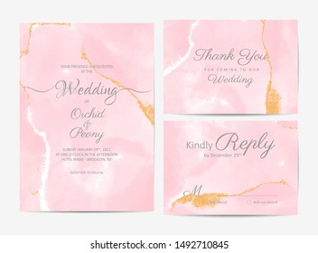 Watercolor wedding invitation template set. Artistic luxury fluid background with golden brush splash. Pink gold foil decorative design vector