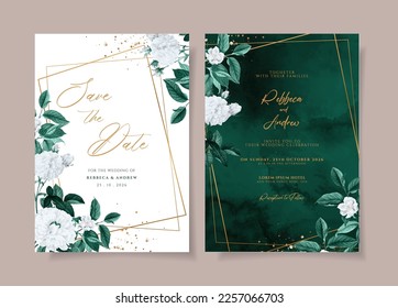 Plantilla de invitación a boda acuarela con floral verde esmeralda y decoración de hojas