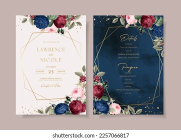 Watercolor wedding invitation template set with navy, burgundy floral and leaves decoration