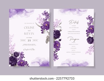 Plantilla de invitación a bodas acuarelas ambientada con floral violeta romántica y decoración de hojas