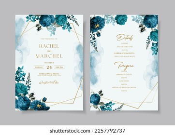 Plantilla de invitación a boda acuarela con floral de tetilla romántica y decoración de hojas