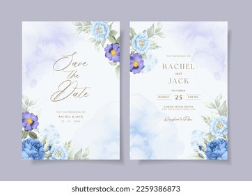 Watercolor wedding invitation template set with romantic floral and leaves decoration