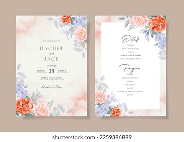 Watercolor wedding invitation template set with beautiful floral and leaves decoration