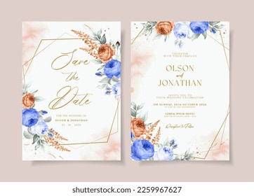 Watercolor wedding invitation template set with romantic floral and leaves decoration