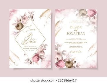 Plantilla de invitación a boda acuarela con hermosa decoración floral y de hojas