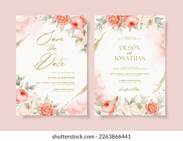 Watercolor wedding invitation template set with peach floral and leaves decoration