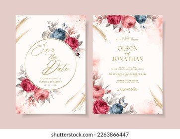 Plantilla de invitación a boda acuarela con decoración romántica de color rojo y marina floral y hojas