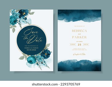 Watercolor wedding invitation template set with romantic teal navy floral and leaves decoration