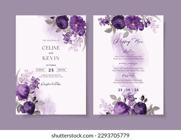 Plantilla de invitación a boda acuarela con decoración romántica violeta con flores y hojas