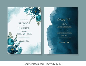 Watercolor wedding invitation template set with romantic teal navy floral and leaves decoration