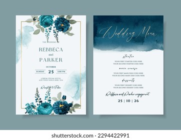 Watercolor wedding invitation template set with romantic teal navy floral and leaves decoration