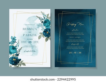 Plantilla de invitación a boda acuarela con decoración de flores y hojas de la marina romántica