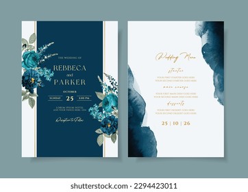 Watercolor wedding invitation template set with romantic teal navy floral and leaves decoration