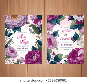 Watercolor wedding invitation template set with romantic purple floral and leaves decoration. beautiful floral wreath.

