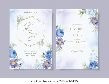 Plantilla de invitación a boda acuarela con floral morada azul romántico y decoración de hojas