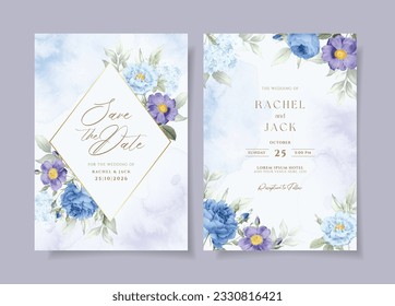 Plantilla de invitación a boda acuarela con floral morada azul romántico y decoración de hojas