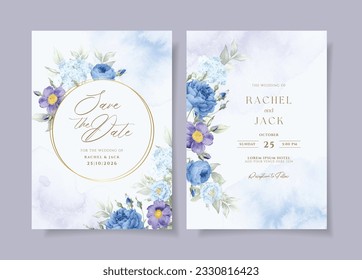 Watercolor wedding invitation template set with romantic blue purple floral and leaves decoration