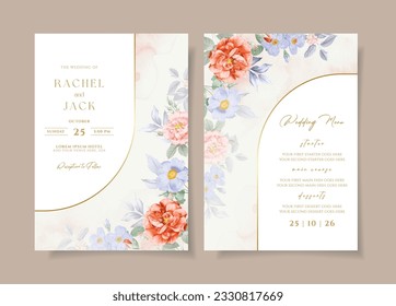 Watercolor wedding invitation template set with orange peach floral and leaves decoration