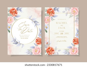 Watercolor wedding invitation template set with orange peach floral and leaves decoration